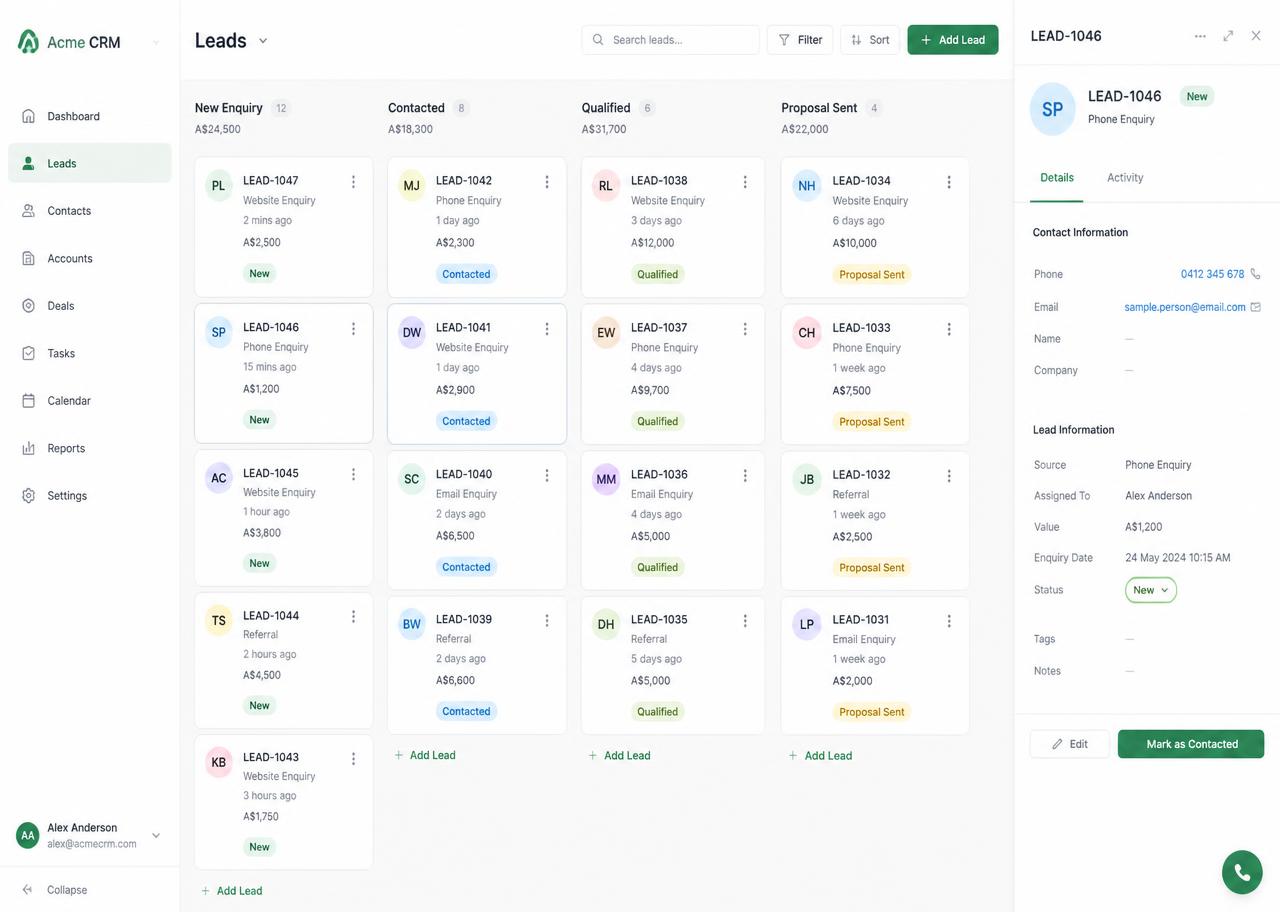 Example of enquiries captured in a CRM lead pipeline